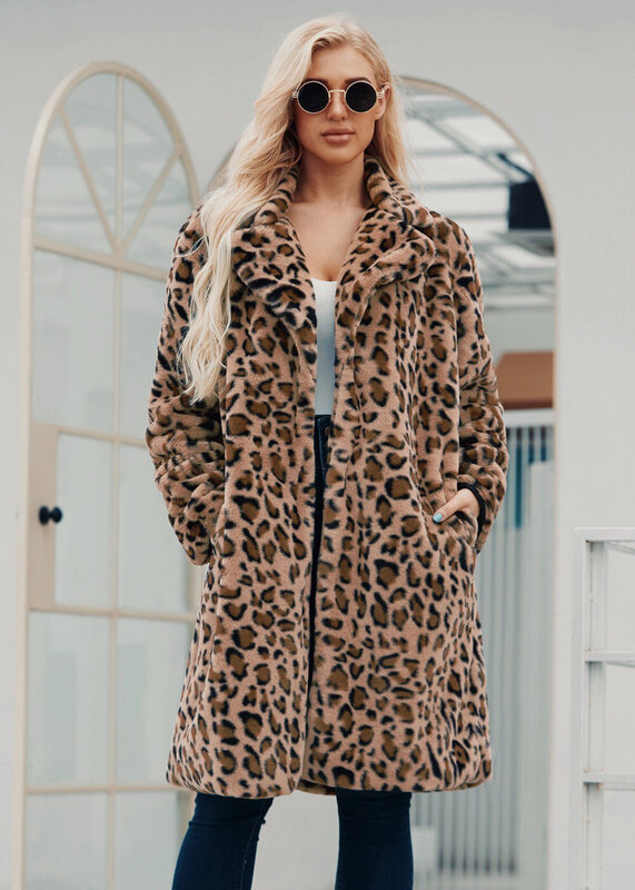Casaco de imitação de pele sintética feminino, estampa leopardo longa, gola de terno, Europa e Estados Unidos, casual, novo, moda