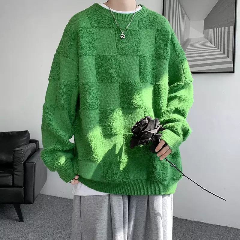 Suéter con diseño de toalla a cuadros para hombre, abrigo informal holgado, ropa de calle Unisex, moda de otoño e invierno, nuevo estilo americano