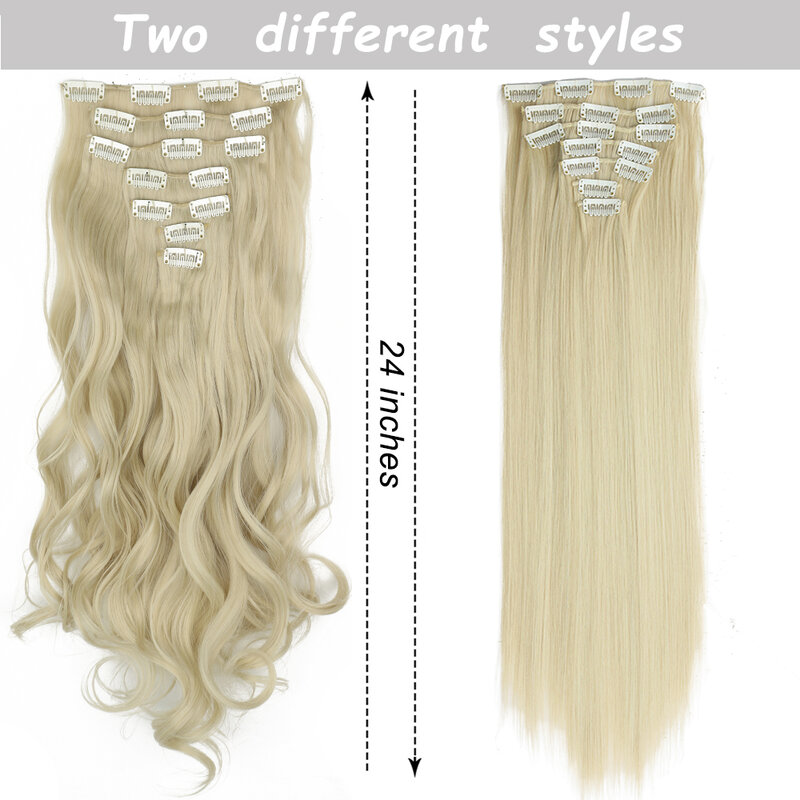 Model rambut lurus panjang 16 klip 7 buah/set ekstensi rambut pirang sintetis alami rambut hitam pirang tahan panas untuk wanita