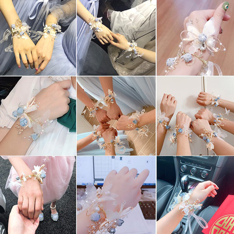 Bunga pergelangan tangan pengiring pengantin untuk pernikahan mutiara berlian imitasi bunga tangan mawar gelang tangan korsase aksesori perhiasan pesta