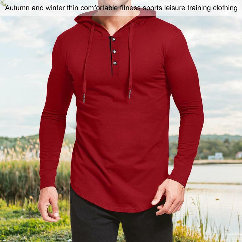 Camisa de manga comprida masculina com capuz, camisa esportiva leve, casual ativa, capuz com cordão, botão frontal