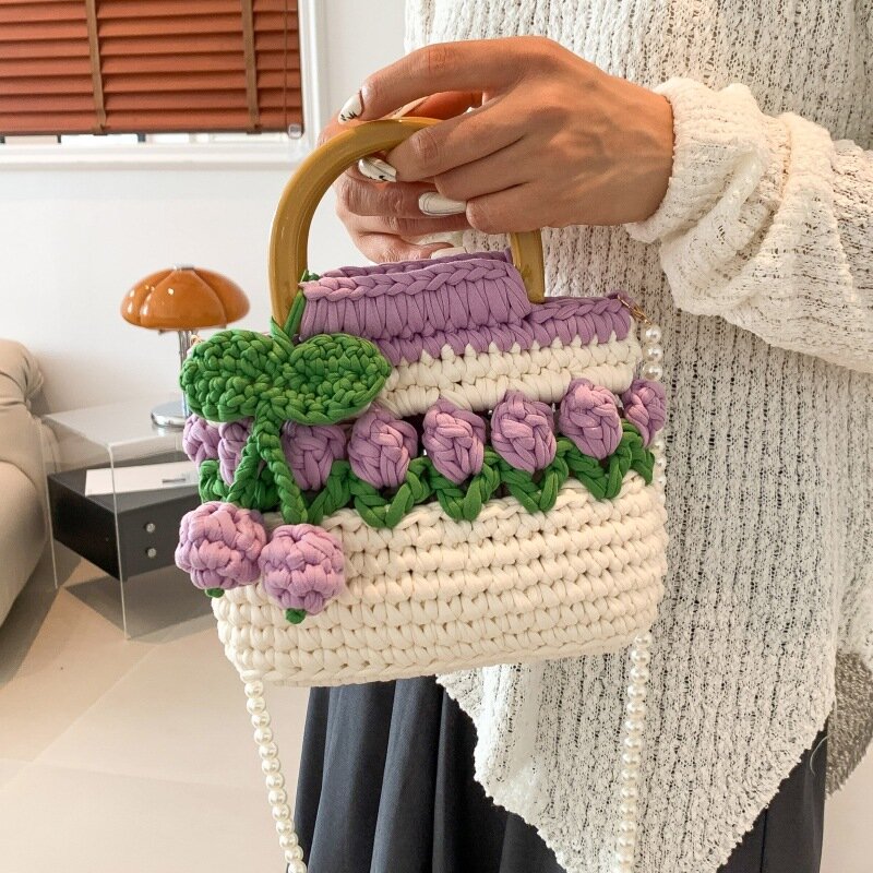 Mão-tecido Tulip Bag, Thread Strip caseiro, Messenger Handbag, DIY