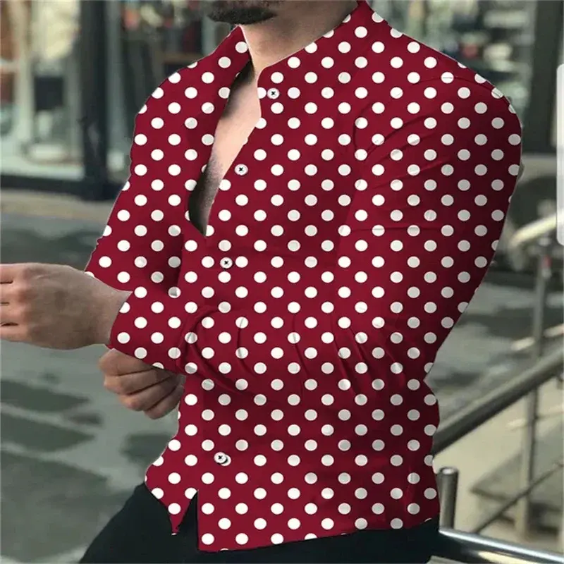 2024 new men's button-down long-sleeved polka dot lapel shirt outdoor street fashion casual breathable comfortable clothing top