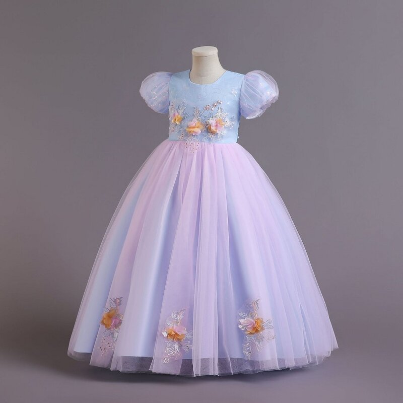 Dziewczęca długa sukienka księżniczka wysokiej klasy urodzinowa sukienka koktajlowa kampus potańcówka rękaw typu bombka sukienka kwiatowa