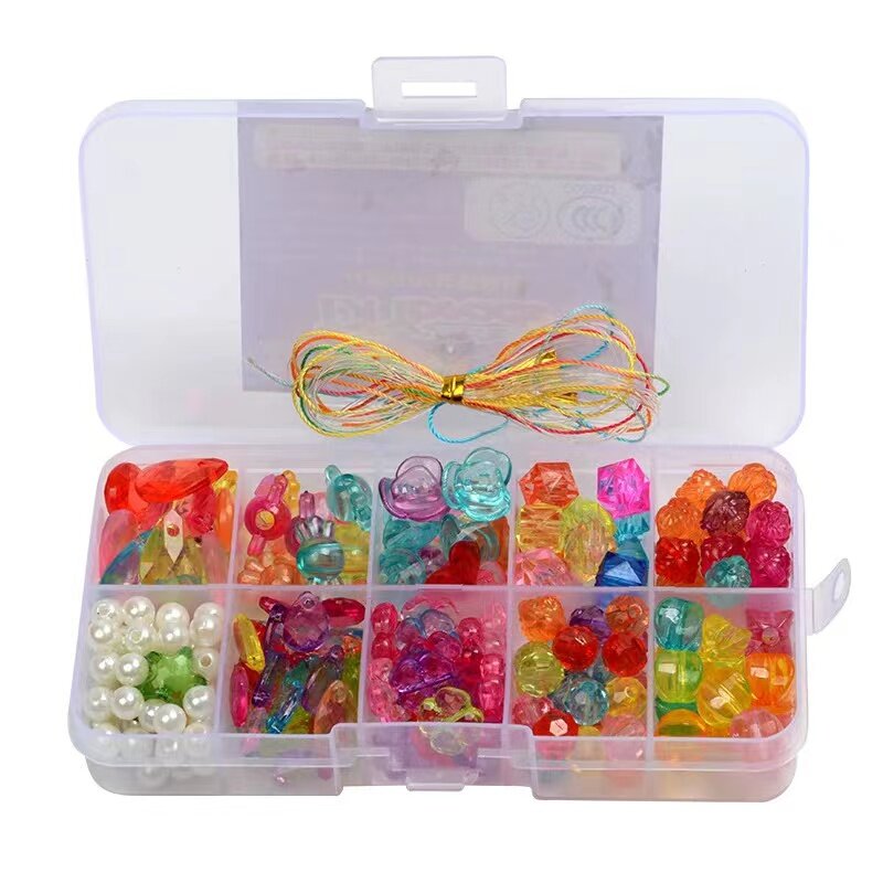 DIY mão frisada pulseira para crianças, embalagem caixa transparente, acrílico Beads Puzzle brinquedos, presente de aniversário