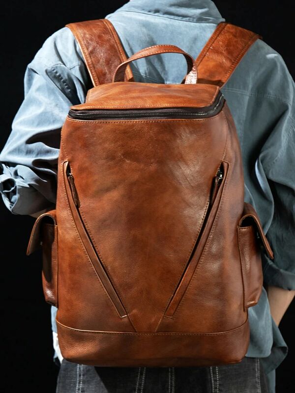 High Quality New Vegetable Tanned Leather Hand-Brushed Vintage First Layer Cowhide Casual Backpack