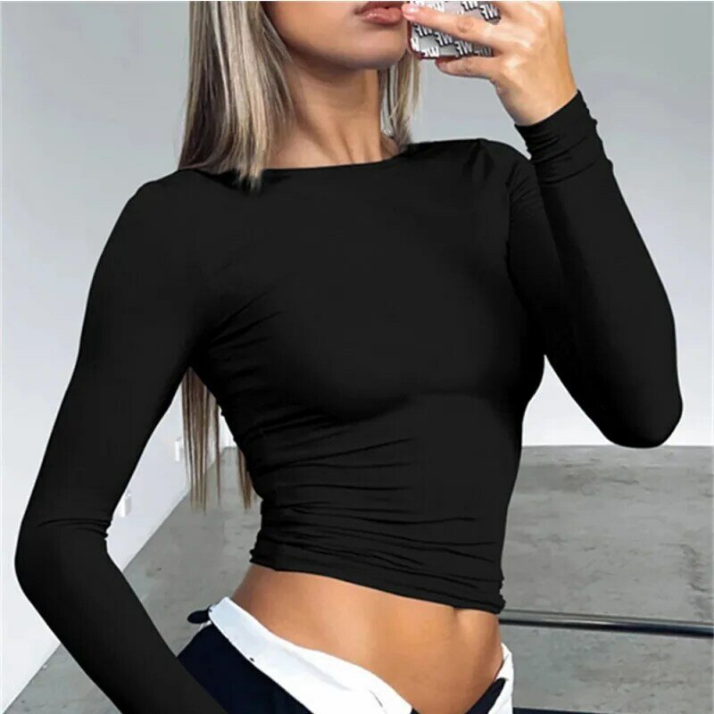 Women Long Sleeve Slim T-Shirts O Neck Autumn Winter Causal Solid Tops Fit  Pullovers Base Tees Streetwear Y2K Bodycon T Shirt