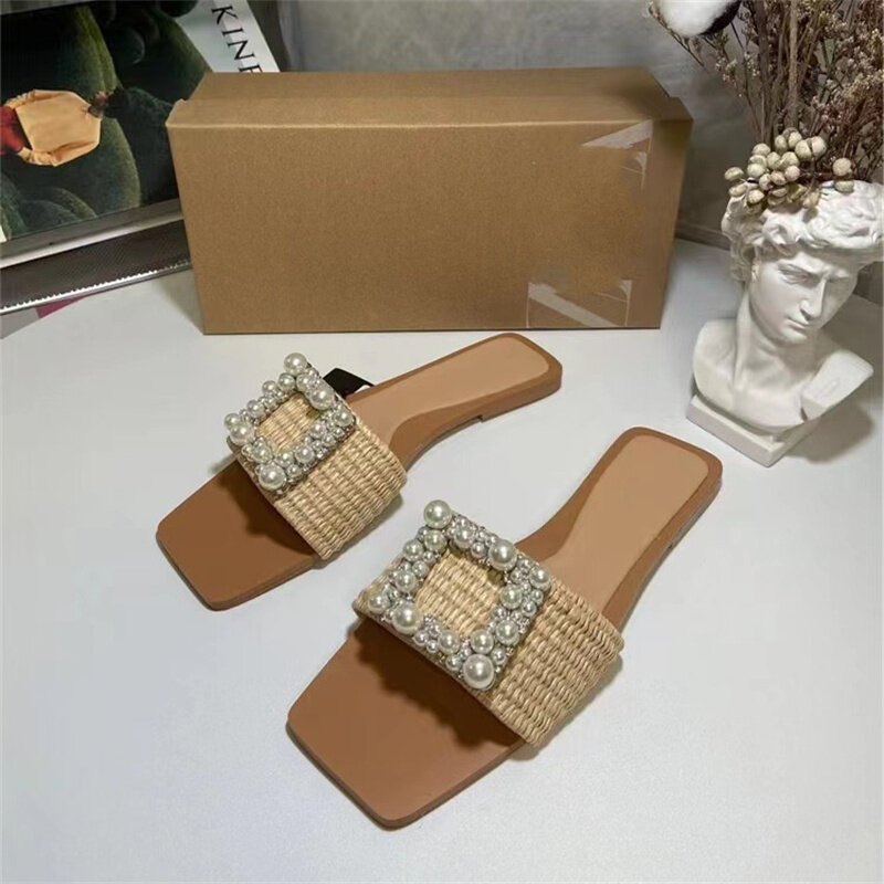 TRAF-zapatillas planas de perlas de imitación para mujer, zapatos planos elegantes, sandalias cuadradas con dedos abiertos, tejido elegante, Beige, cómodos
