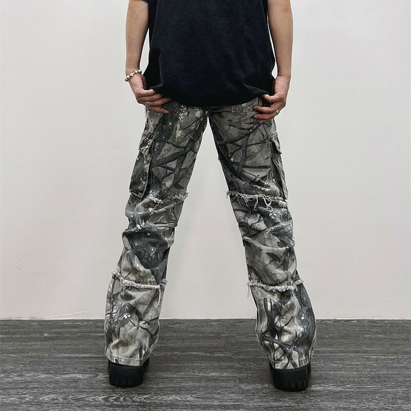 بنطلون جينز فضفاض مموه للرجال والنساء ، بنطلون البضائع ، بنطلون مستقيم واسع الساق ، وزرة طويلة فضفاض ، ملابس عصرية Y2K ، 2023