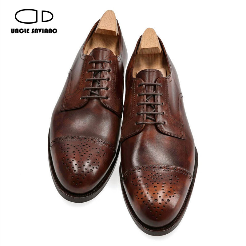 Tio Saviano-Sapatos Derby Brogue de couro genuíno para homens, sapatos formais de luxo, estilista artesanal, vestido de noiva, sapatos de negócios