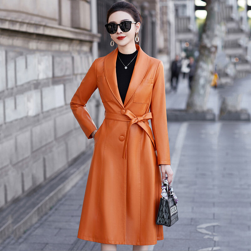 New Women Spring Autumn Leather Coat Fashion Turn-down Collar Single Breasted Slim Sheepskin Coat Elegant Split Leather Jacket