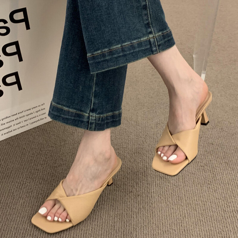 2024 Summer High Heel Women Slipper Fashion Elegant Open Toe Slides Outdoor Casual Slip On Office Lady Sandalias