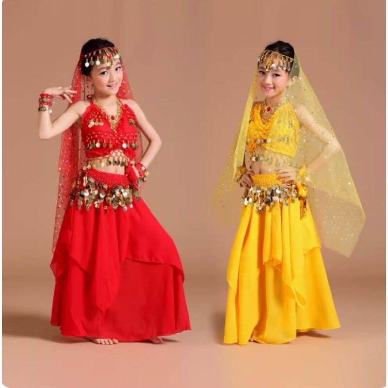 زي الرقص الشرقي للأطفال ، نمط وردي ، أزياء شرقية ، ملابس هندية ، 5 رقصات لكل مجموعة