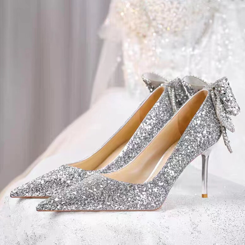 Sepatu hak tinggi wanita, sepatu pengantin hak Stiletto, mode, sepatu pernikahan pita berlian penuh ujung lancip, baru, musim panas
