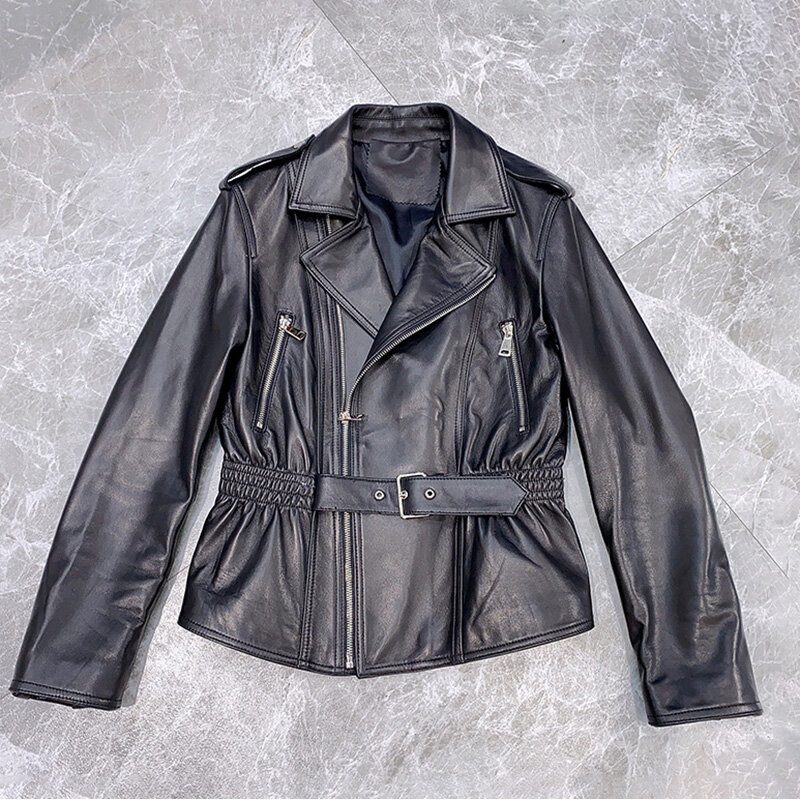 Women Genuine Leather Jacket Turn Down Collar Sheepskin Coat Belt Full Sleeve Biker Jackets Lady Streetwear FG5400