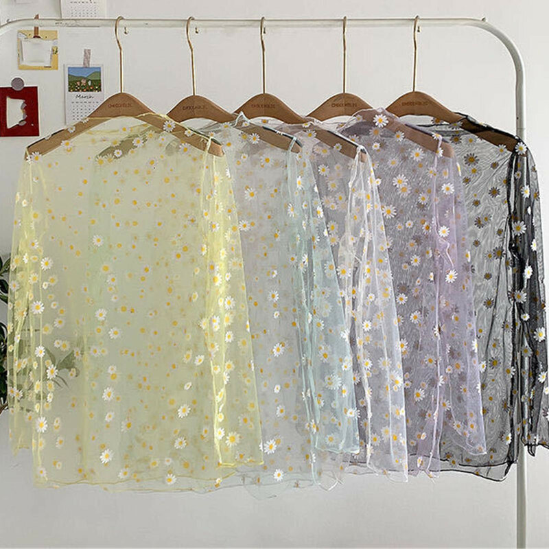 Women Daisy Flower Print Mesh Tops Long Sleeve Sheer Transparent Fishnet T Shirt Fashion Summer Sunscreen Tee 2023 Elegant Blusa