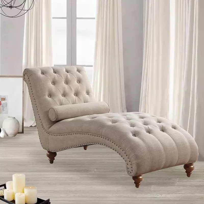 Chaise longue imbottita in lino con rivestimento in Nailhead per soggiorno e camera da letto, Standard, Beige crema