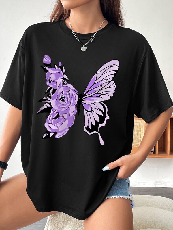 Floral & Butterfly Print Drop Shoulder T-shirt, Short Sleeve Crew Neck Casual Top For Spring & Summer, Women's Clothing