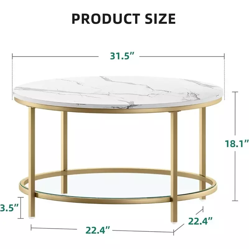 โต๊ะกาแฟทรงกลม2ชั้นโต๊ะกลางหินอ่อนโต๊ะค็อกเทลพร้อมกระจกชั้นวางของเปิดสีขาวและสีทอง