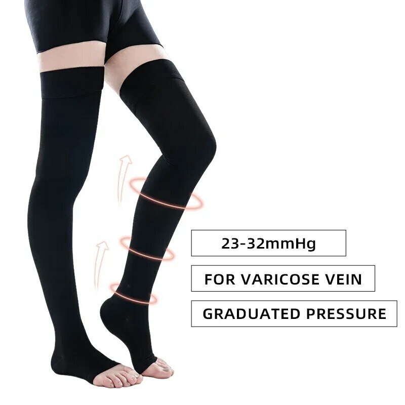 1Pair Thigh High Open Toe Medical Compression Socks Elastic Sunscreen Anti-slip Sleep Care Varicose Veins