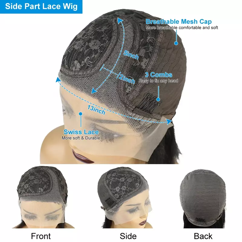 Pelucas de cabello humano para mujer, postizo de encaje con ondas profundas, sin pegamento, parte lateral, brasileño, 13x5x2