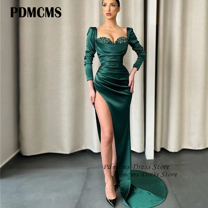 PDMCMS атласные вечерние платья-русалки длиной до пола с высоким разрезом и длинным рукавом, блестящее платье с сердечком