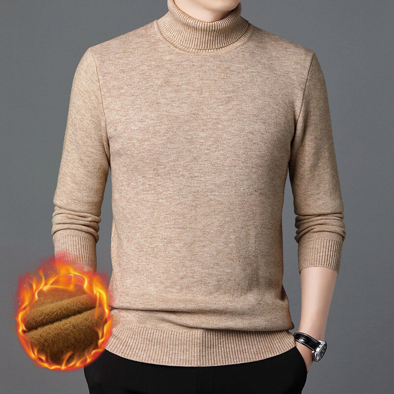 Męski czysty kolor zagęszczony ciepły jednowarstwowy sweter z polarem długa koszula jesienno-zimowy nowy na szyję