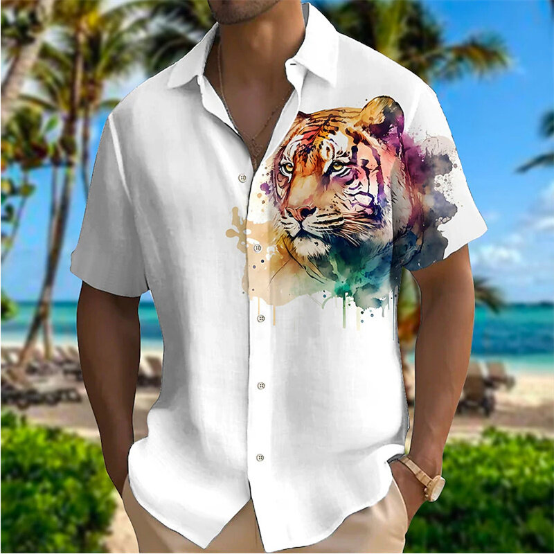 Animal tigre masculino camisa de lapela de botão estampado 3D, rua ao ar livre, roupas manga curta, macio, casual moda, 2024