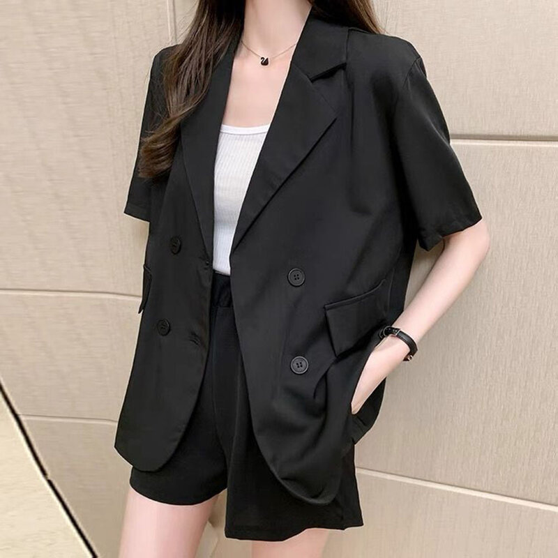 Женский модный простой уличный Повседневный Блейзер, свободная куртка, женские деловые топы с лацканами, однобортный свободный пиджак с коротким рукавом