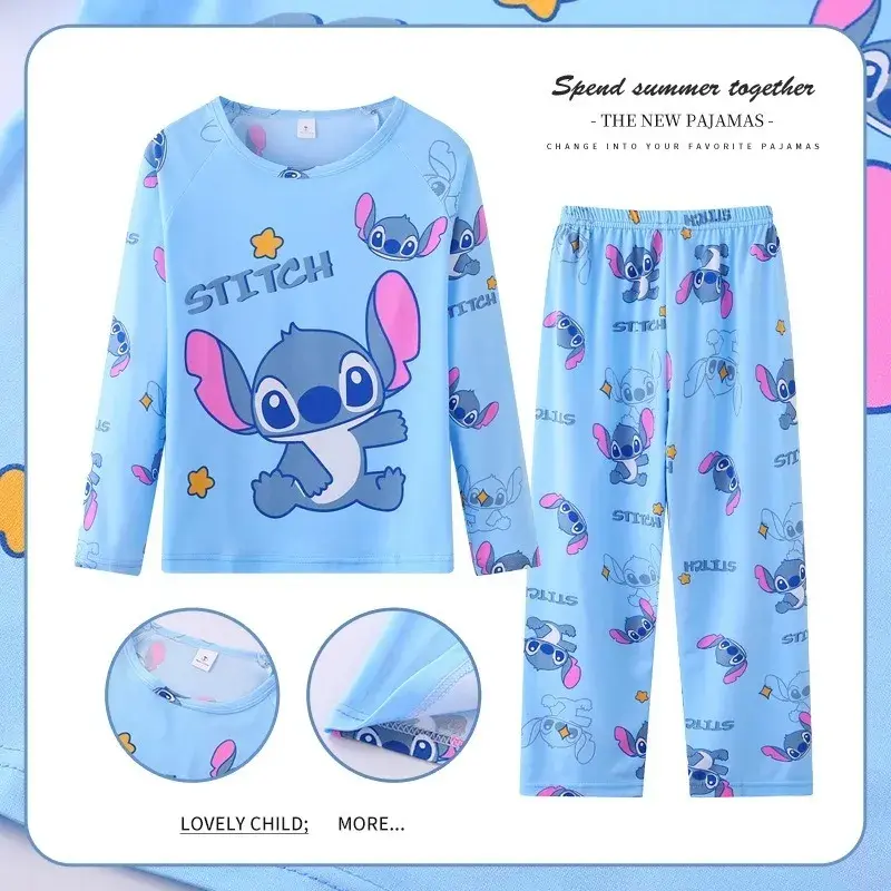 NEW Disney Stitch Pajmas Autumn Cotton Children Pyjamas for Boys and Girls Sets Kids Home Wear Travel Casual Sleepwear Suit