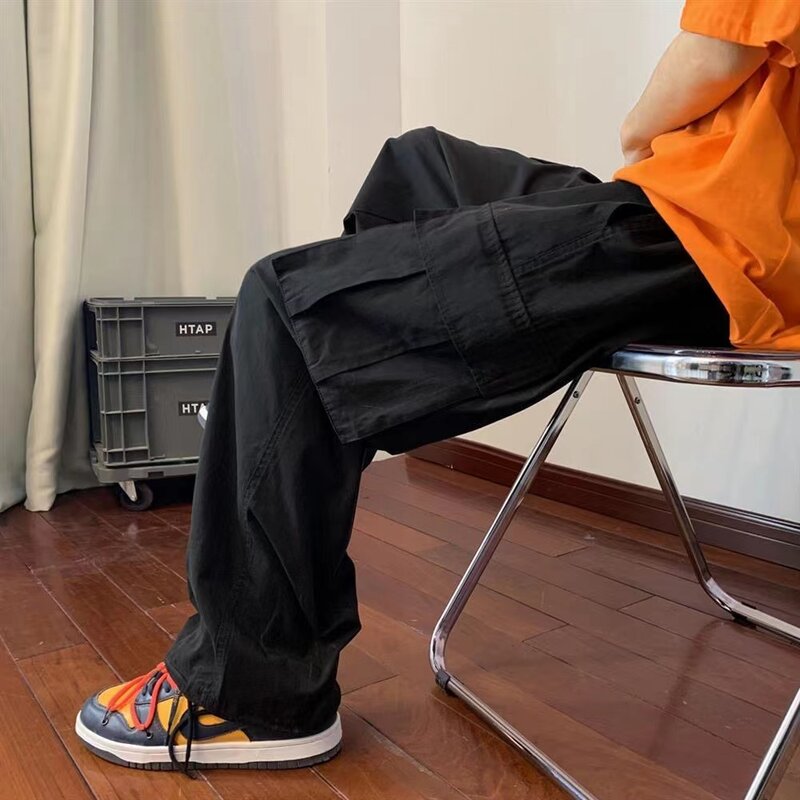 Męskie kieszenie Casual Cargo spodnie Vintage Hip-hop Jogging mężczyźni Harajuku luźne prosta szeroka spodnie nogi człowiek Streetwear spodnie męskie