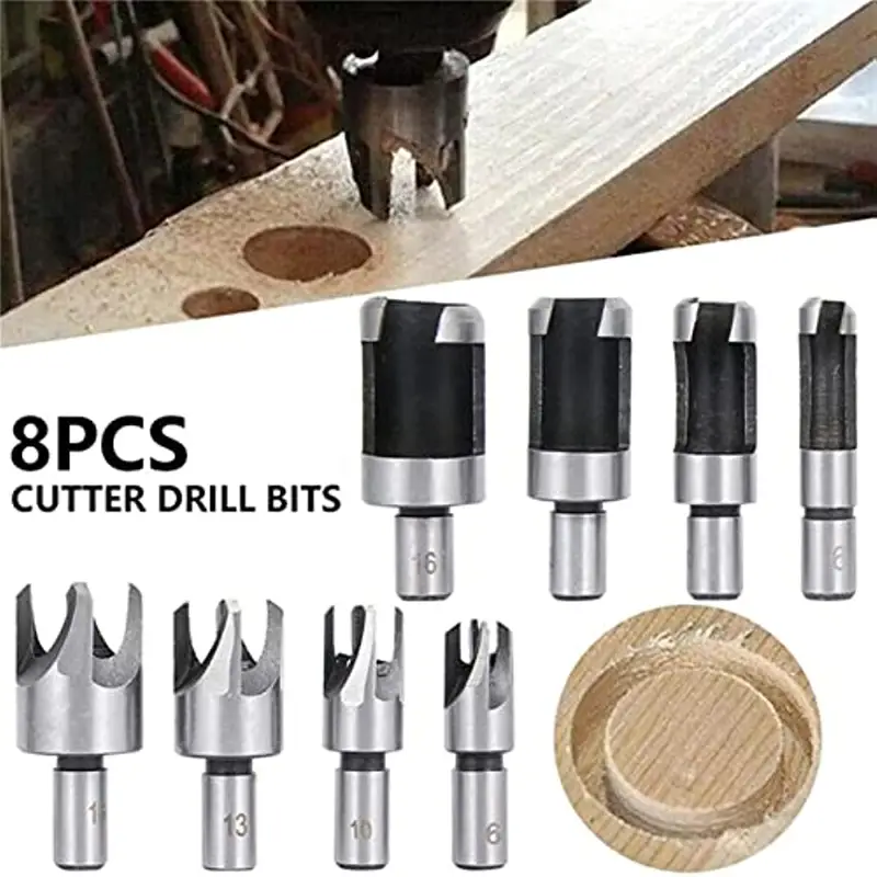 Wood Hole Plug Cutter Set, Carpintaria Wood Plug Cutter, reto e cônico Garra Tipo Broca, corte de precisão, 8pcs