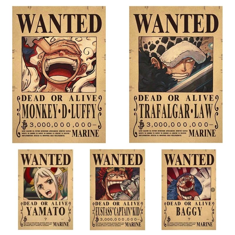 Anime Mới One Piece Luffy 3 Tỷ Săn Tiền Thưởng Muốn Áp Phích Bốn Hoàng Đế Kid Nhân Vật Hành Động Vintage Trang Trí Tường Poster Đồ Chơi