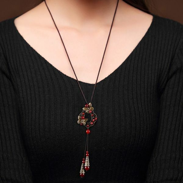 Agat w stylu etnicznym Elegancki damski długi naszyjnik, wszechstronny i prosty łańcuszek do swetra, prezent na Dzień Matki