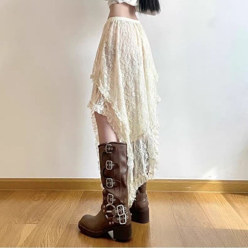 Асимметричная кружевная юбка HOUZHOU, женская летняя винтажная Прозрачная Юбка-миди с низкой талией Y2k Fairycore в стиле бохо для пляжного отдыха