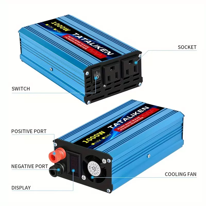 High Power 1000W Car Power Inverter, Universal Portable 12V to 110V US Standard Outlet Transformer, Automatic Car and Marine Pow