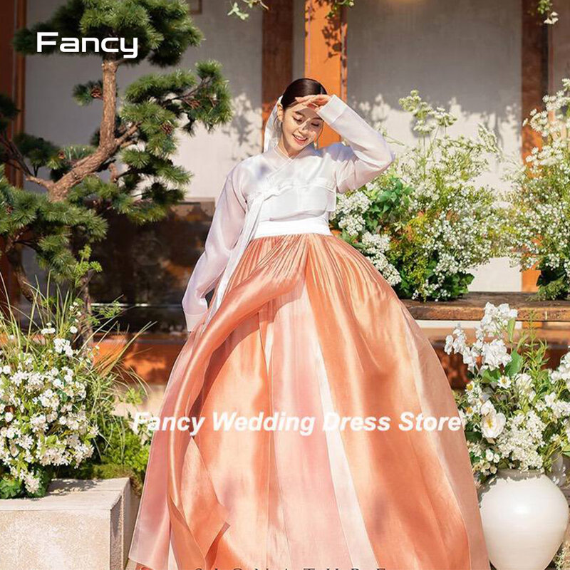 Fancy Traditional Organza Korea Hanbok V Neck Long Sleeve Evening Dress 2pcs Ball Gown Prom Gown Soft Tulle Bridal Gown