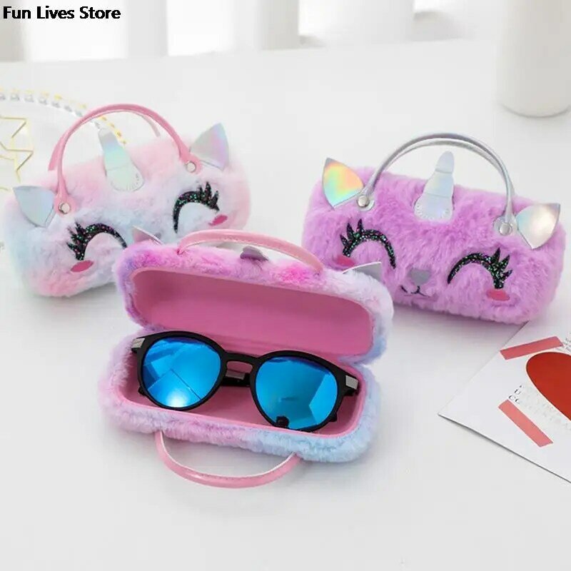 Bolsa de bolsillo portátil para gafas de sol, bolsa de felpa de unicornio bonito, estuche de gafas de invierno, monedero plegable de compresión, encantador