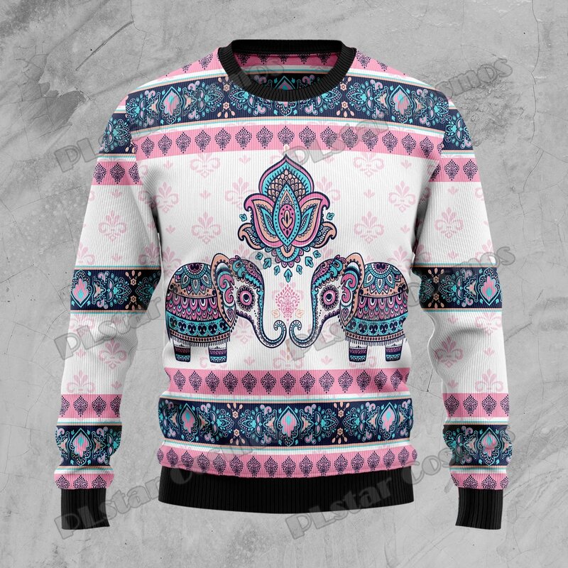 PLstar Cosmos-Jersey de punto con estampado 3D de elefante y Mandala para hombre, suéter feo de Navidad para invierno, ropa informal Unisex, MYY35