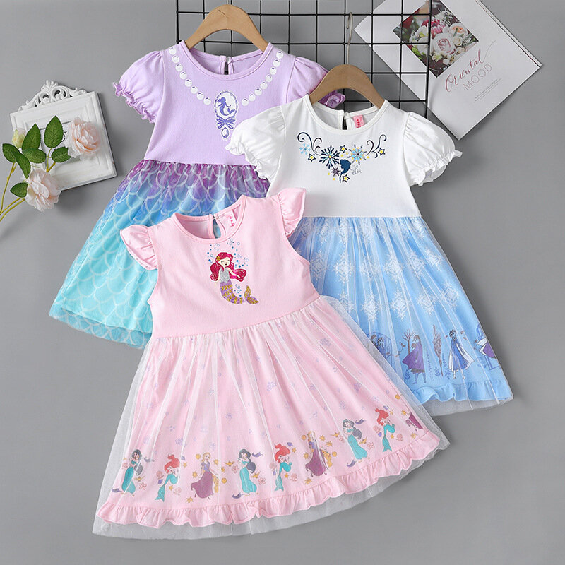 Gaun anak-anak Musim Panas 2024 pakaian pesta kostum putri duyung Ariel baju Disney baju bayi perempuan baru pakaian anak lengan pendek