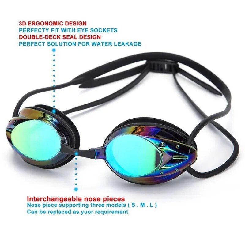 성인용 전문 수영 고글, 고화질 방수 김서림 방지 전기도금 렌즈 안경, 조절 가능한 다이빙 안경
