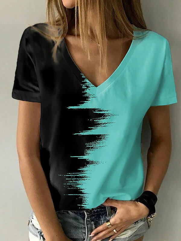 T-shirt manches courtes col V femme, décontracté, basique, vert, bleu, rose, week-end, peinture abstraite 3D, 2023