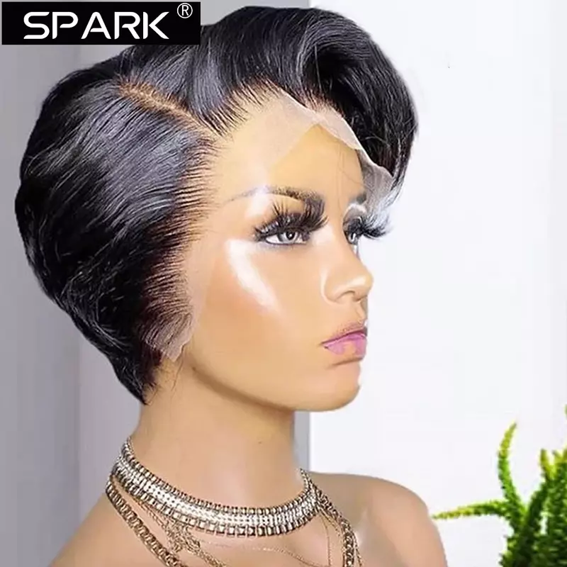 SPARK-peruca curta de cabelo humano Bob Pixie para mulheres, renda transparente, pré-arrancada