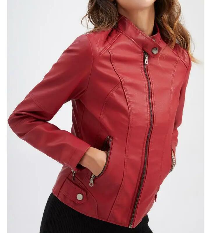 Jaket kulit wanita, baju kulit wanita ramping musim semi musim gugur kualitas tinggi 7 warna ukuran EU XS-4XL