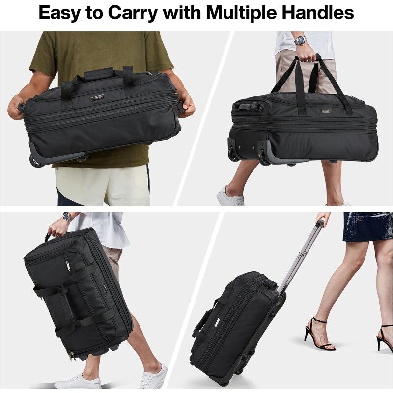 Koper bagasi dengan roda dapat dilipat tas Duffle untuk perjalanan membawa pada koper akhir pekan tas untuk wanita pria tas pakaian. (hitam)