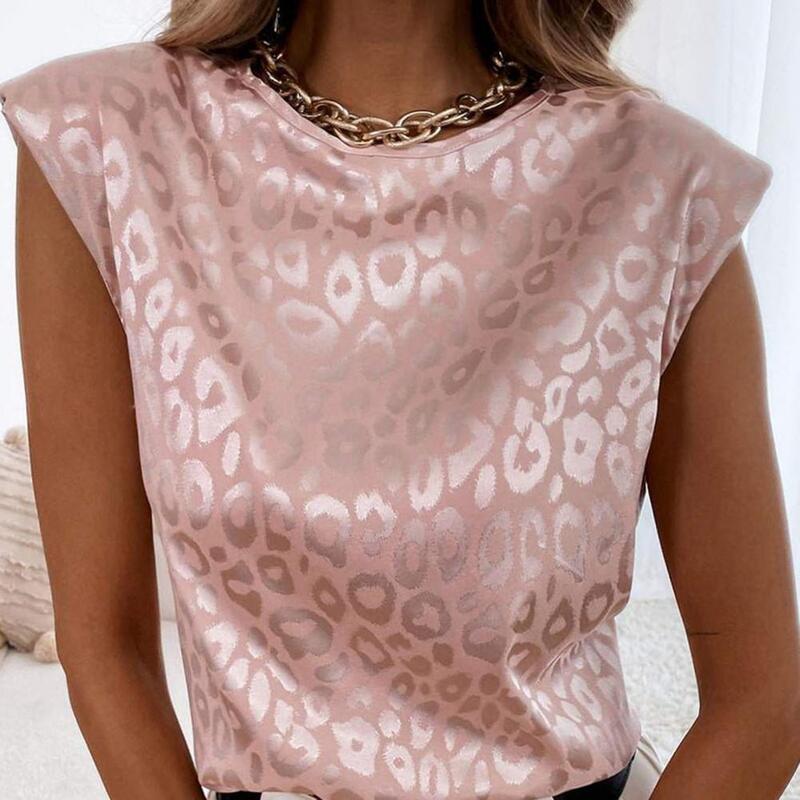 T-shirt col rond femme, estival et décontracté, avec imprimé léopard