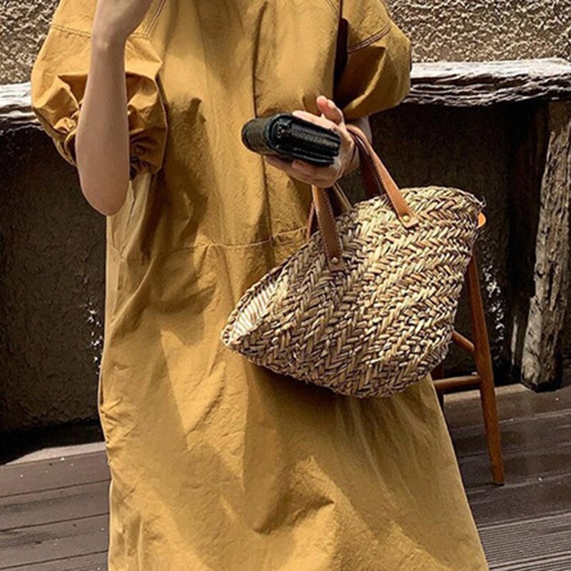 กระเป๋าสะพายไหล่สำหรับผู้หญิงฟางแบบลำลองสำหรับผู้หญิงกระเป๋าช้อปปิ้งแฟชั่นทำมือสำหรับชายหาดฤดูร้อน