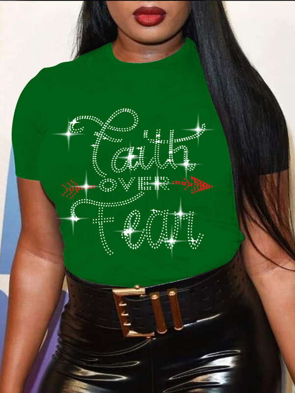 LW-Camiseta con letras Faith para mujer, ropa informal de talla grande con diamantes de imitación, cuello redondo, manga corta, Regular, Verano