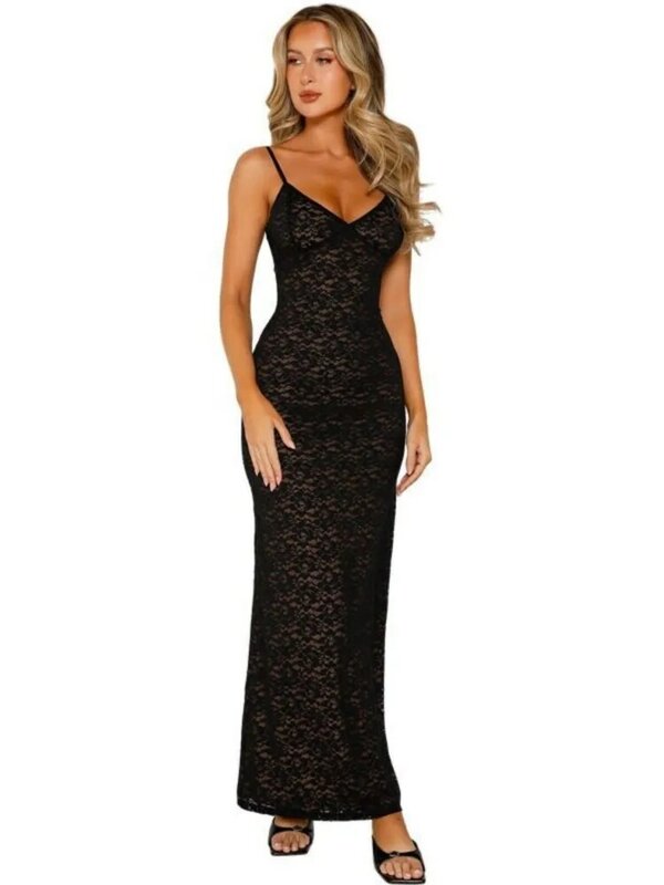Sexy Spaghetti Strap Maxi Dresses Women Lace Hollow Out Low Cut Backless Slim Long Dress Ladie Fashion Party Prom Beach Vacation