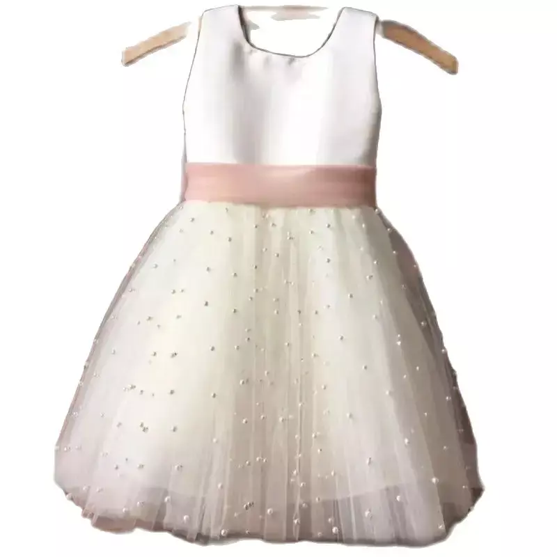 Детское Тюлевое платье с жемчужинами для девочек, платье с цветочным поясом для девочек, шифоновое платье с бантом и поясом для первого причастия, платье маленькой принцессы